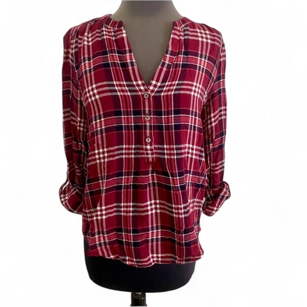 SOFT JOIE RED PLAID V NECK PULLOVER LONG SLEEVE ROLL TAB SHIRT SIZE XS COMFY